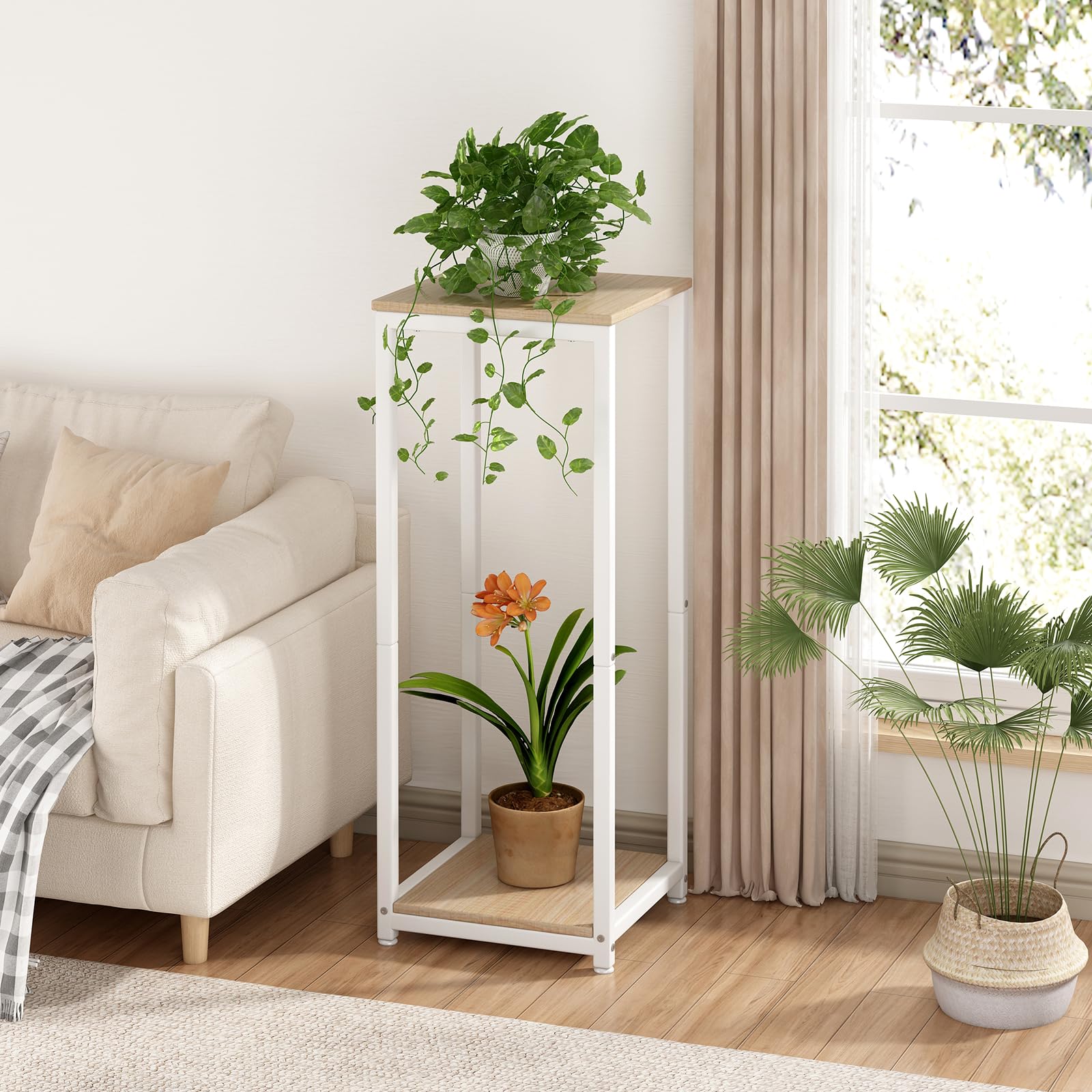 YIZAIJIA 2-tier white plant stand side view ideal for compact spaces