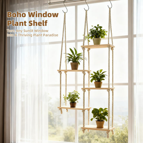 YJREW hanging plant stand macrame style emphasizes boho vibe and easy placement.