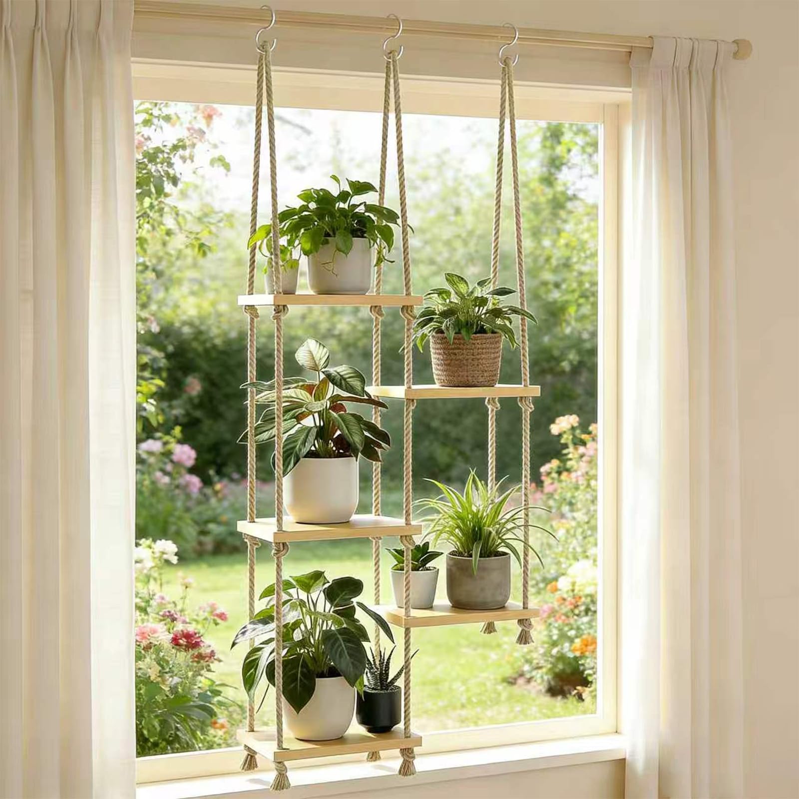 YJREW window shelf with wooden shelves showcases compact, sun-loving plant display.