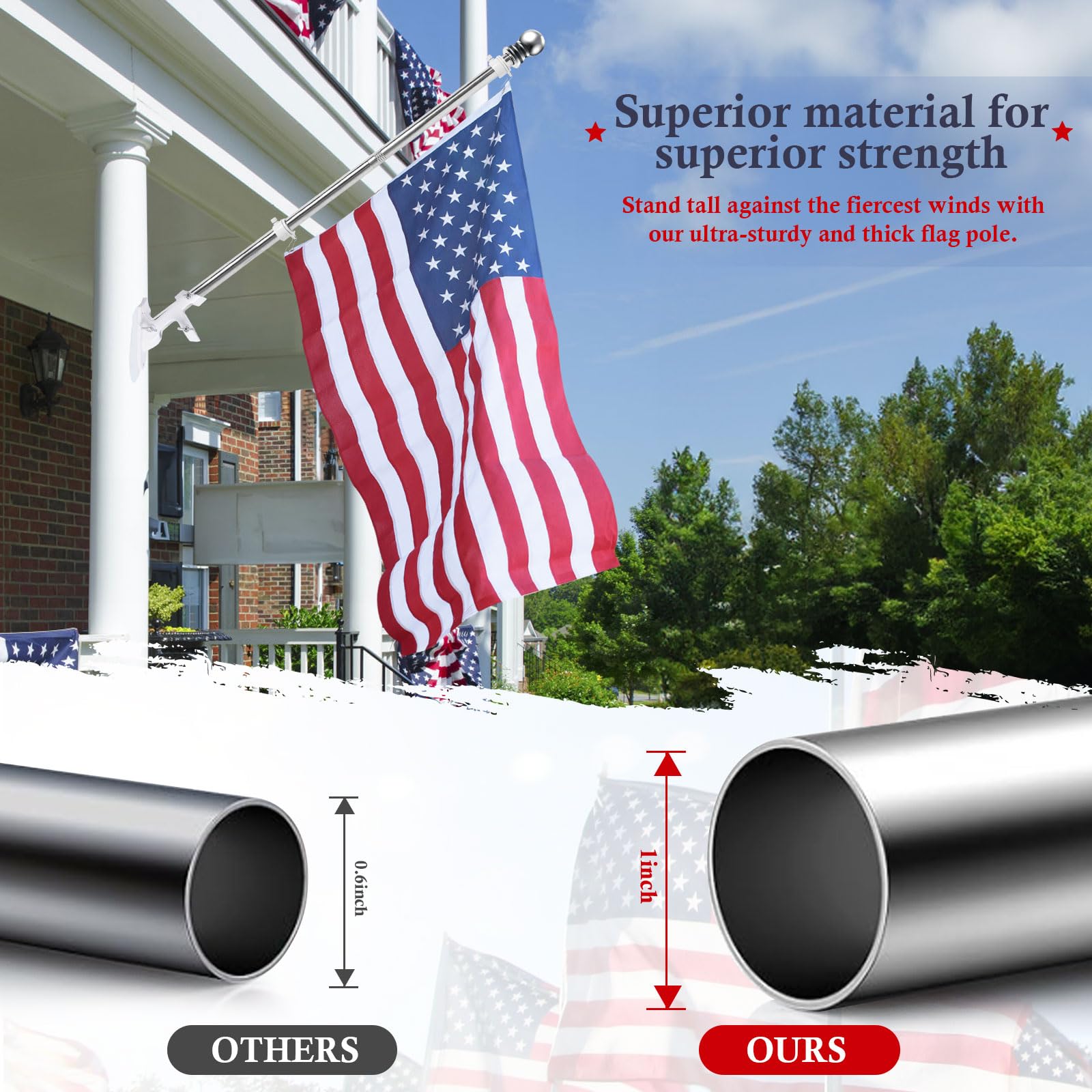 YKFLY stainless steel flag pole stands up to outdoor use without bending.