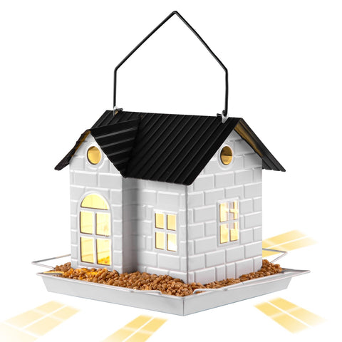 YKNTGIAO Solar Bird Feeder outdoors with hanging setup for nighttime illumination and garden ambiance.
