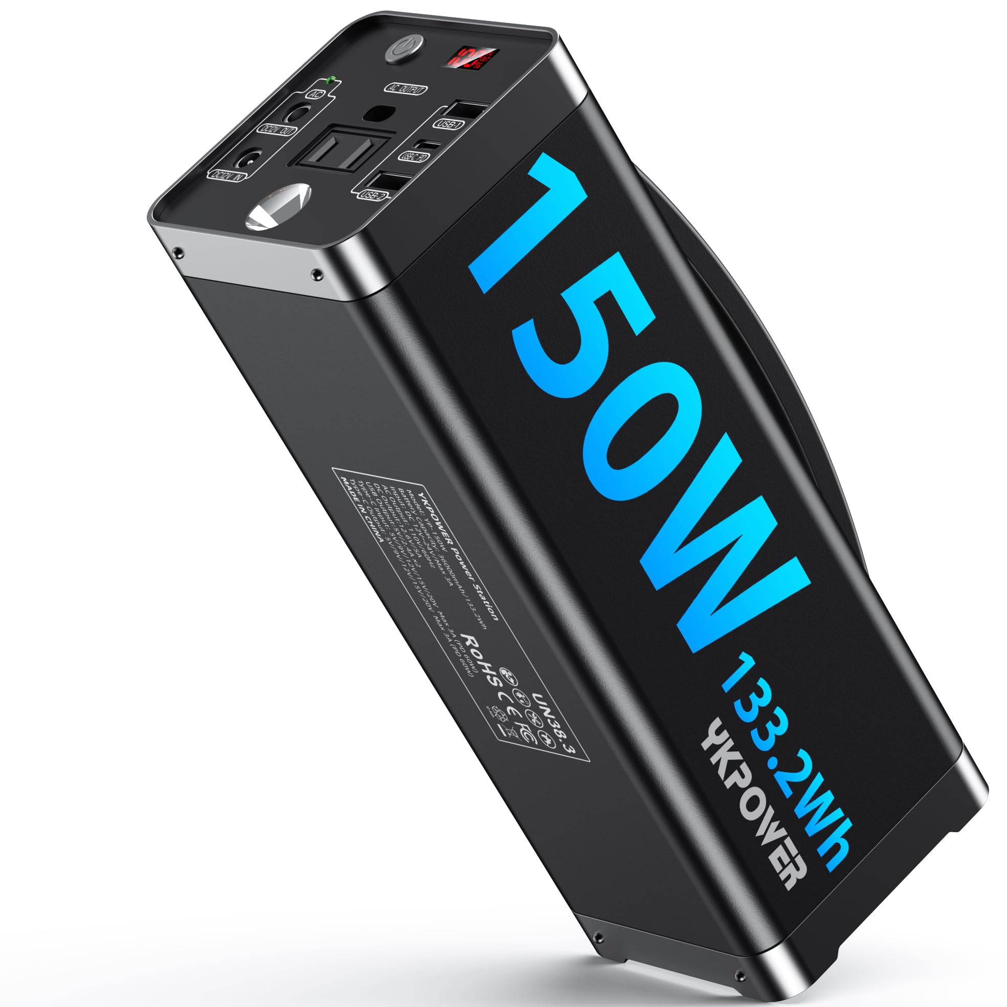 YKPOWER Portable Power Station 150W front view powers laptops and phones on the go