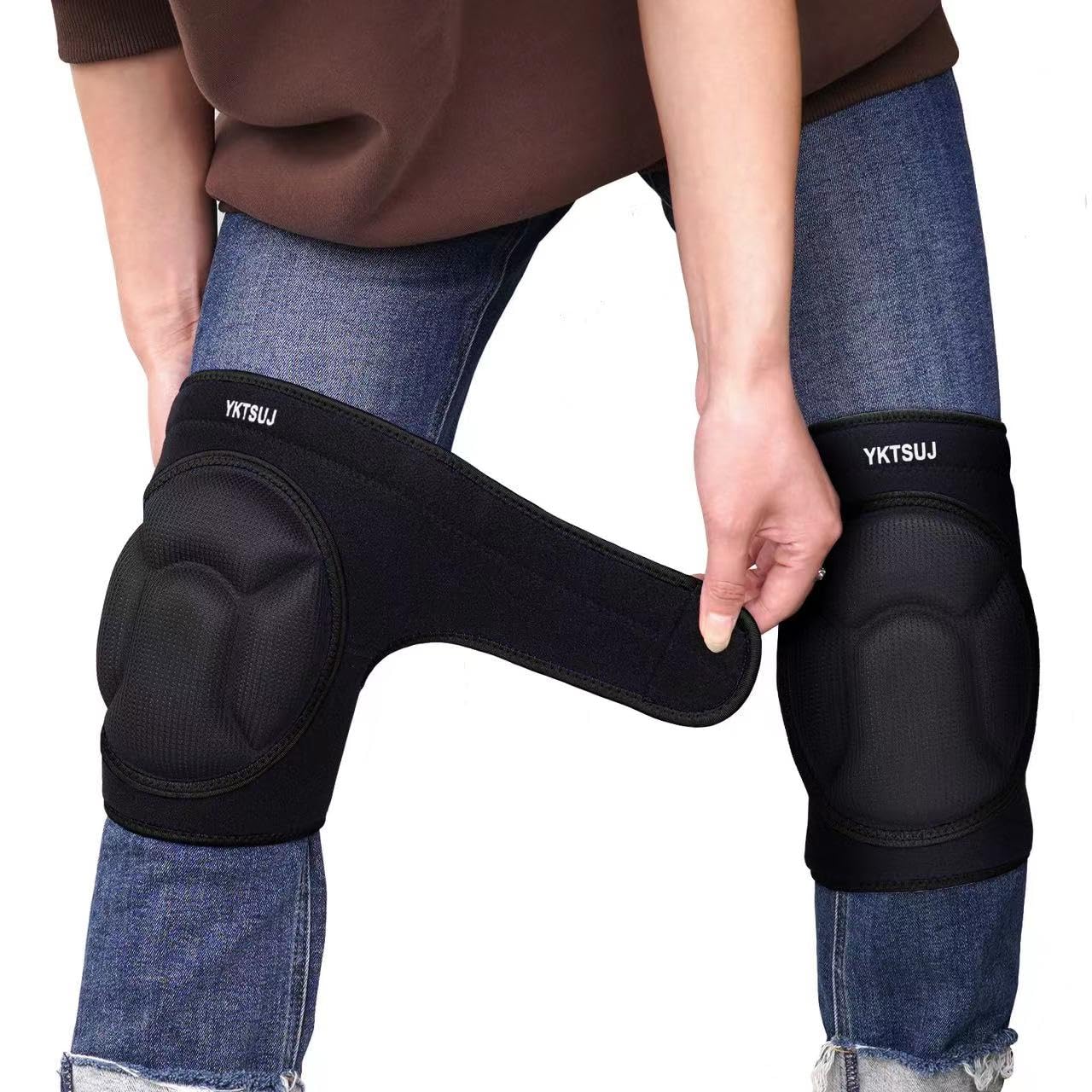 YKTSUJ knee pad worn for comfortable kneeling during cleaning and gardening.