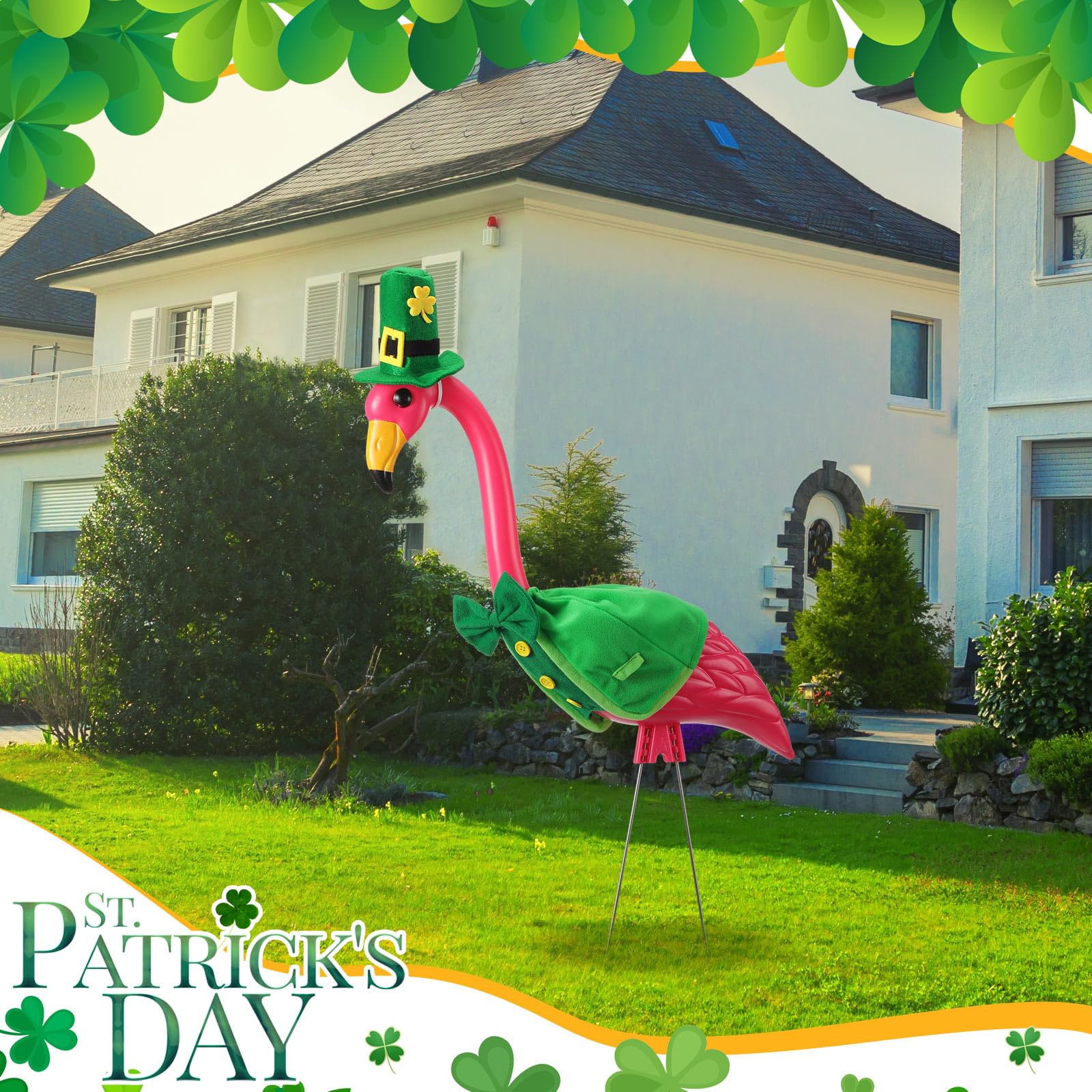 Ylinge St Patrick's Day flamingo outfit mounted for outdoor display in sun and breeze