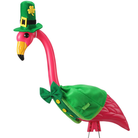 Ylinge St Patrick's Day flamingo outfit close-up enhances outdoor curb appeal