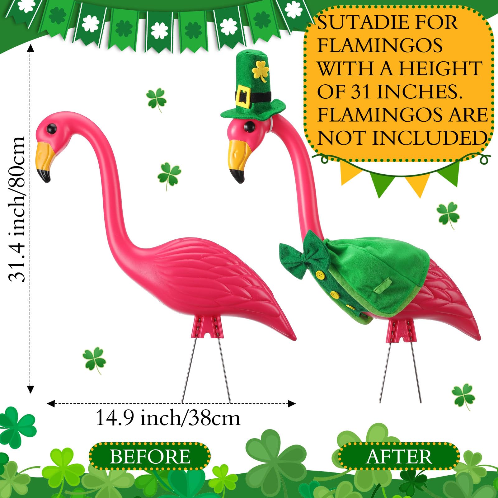 Ylinge St Patrick's Day flamingo outfit on a 31-inch statue shows easy festive styling