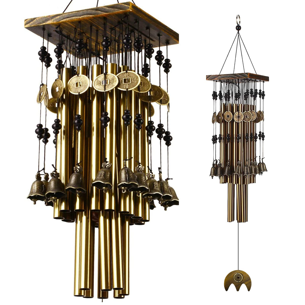 YLYYCC wind chimes outside with a 30-inch wood top and copper tubes for soothing garden tones.