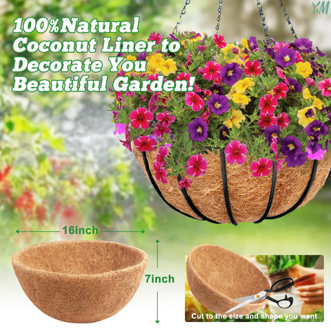 Y&M 16-inch coco liner inside basket showing ready-to-use pre-formed design