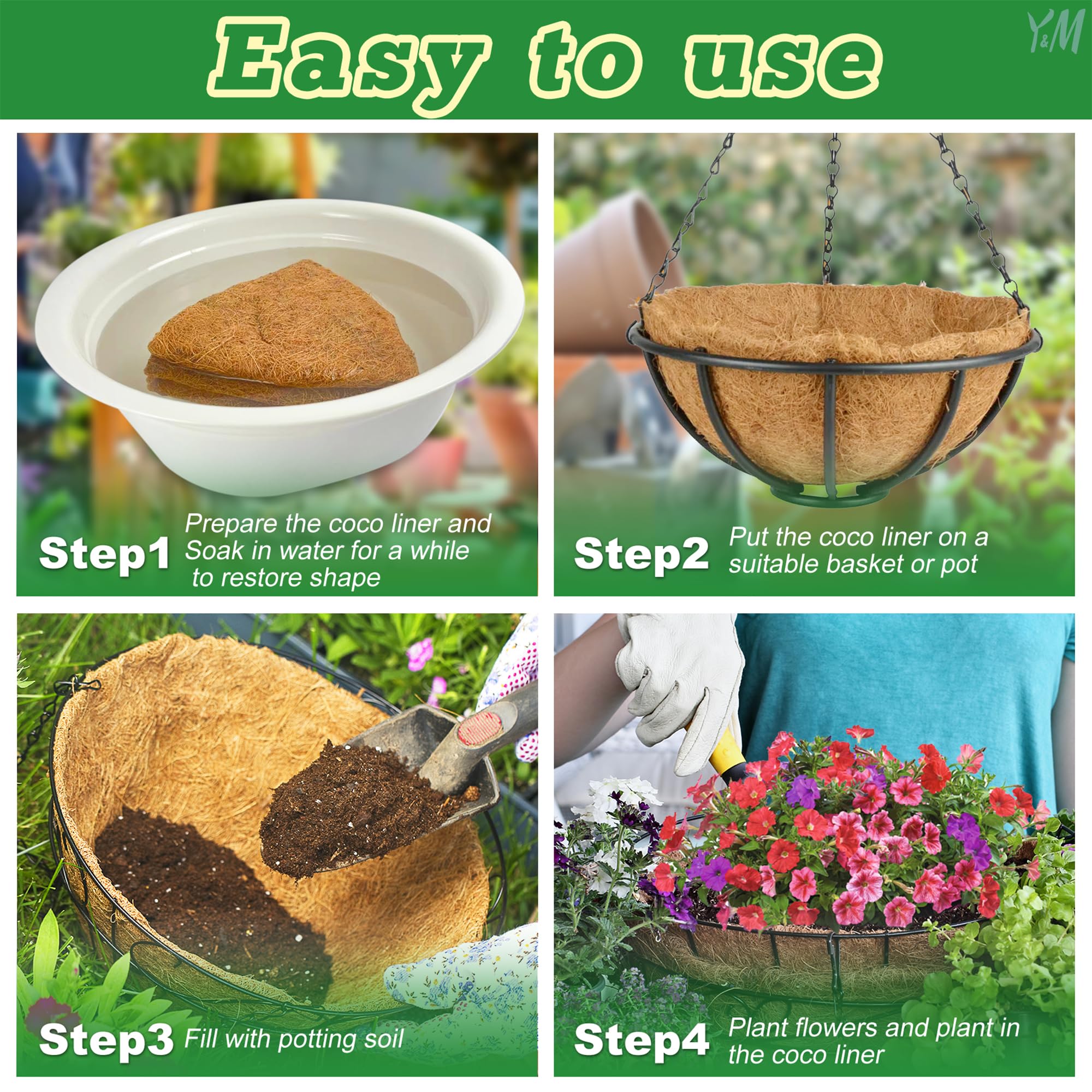 Y&M two-pack hanging-basket liner in use for quick replacement