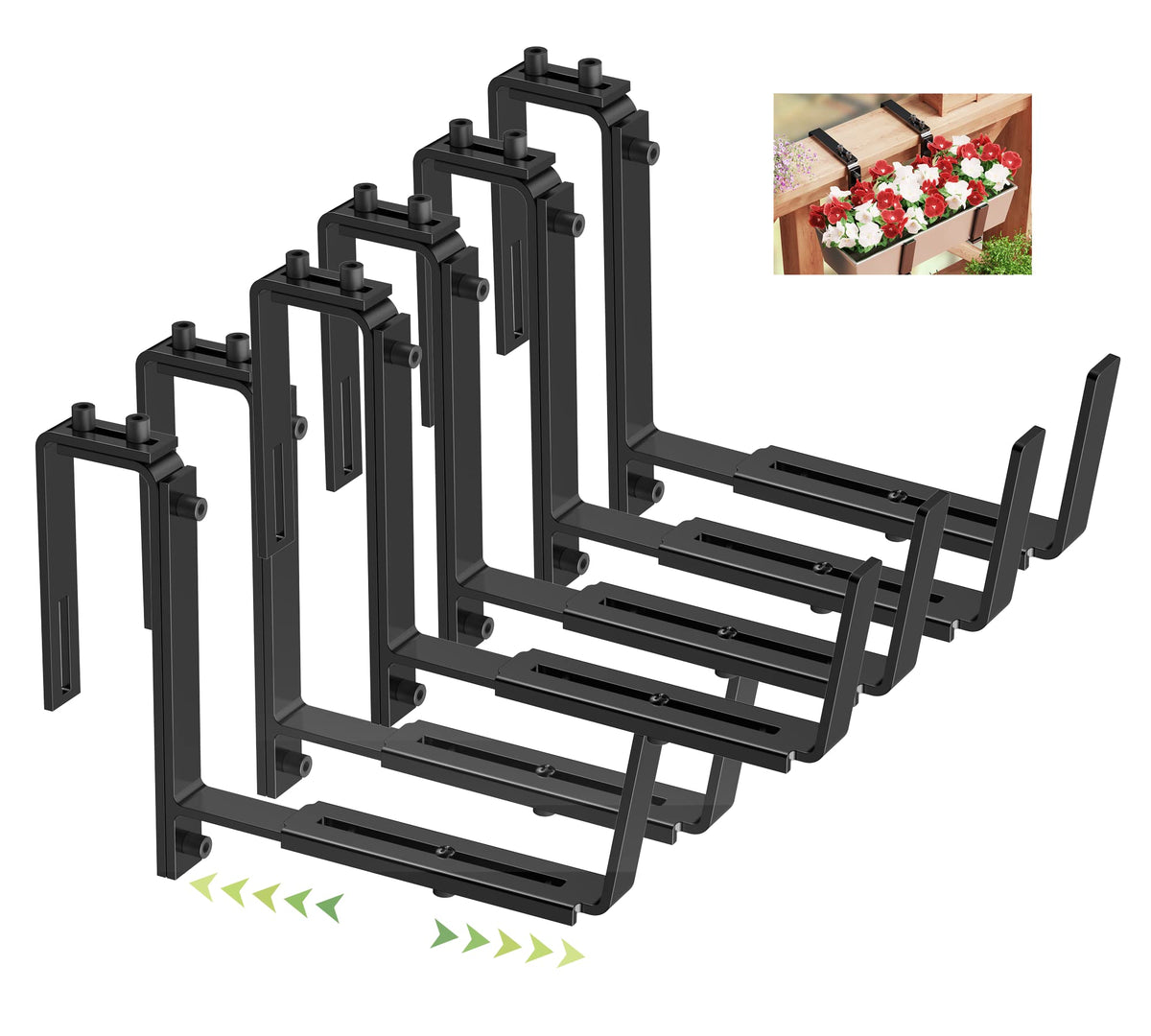 Y&M adjustable window box brackets securely hold planter boxes on a balcony railing.