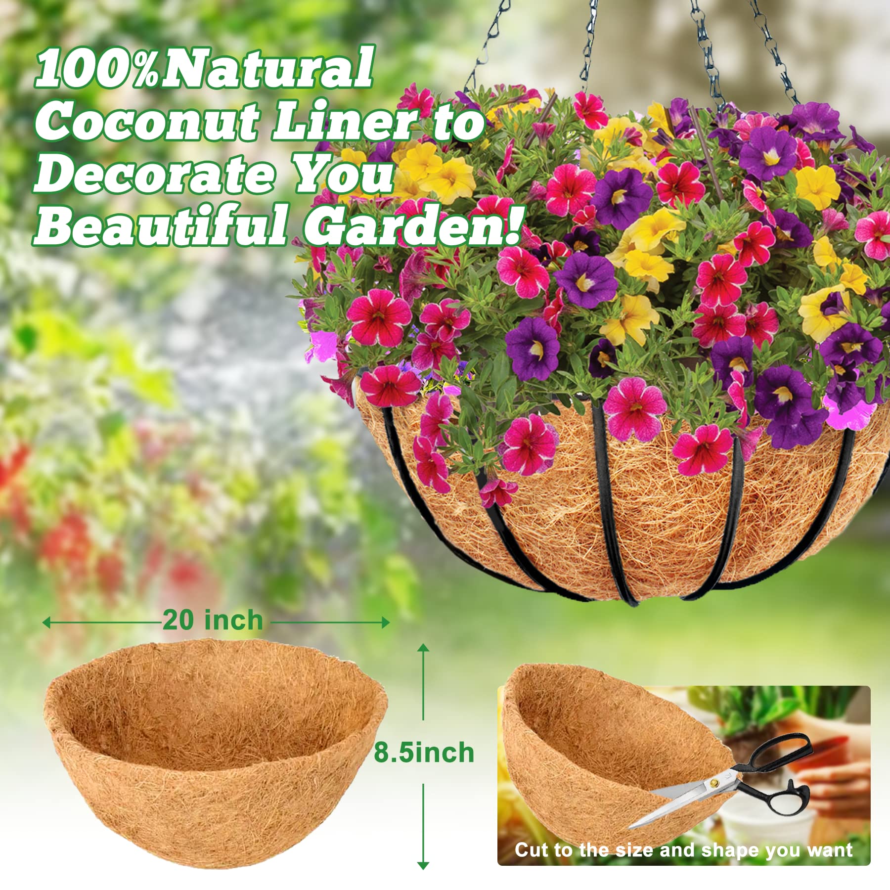 Y&M natural renewable coco fiber liner highlights eco-friendly material and durable construction.