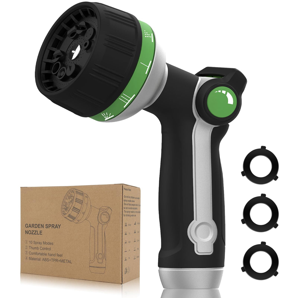 YMTEEDIO garden hose nozzle shows heavy duty metal construction for durable watering tasks