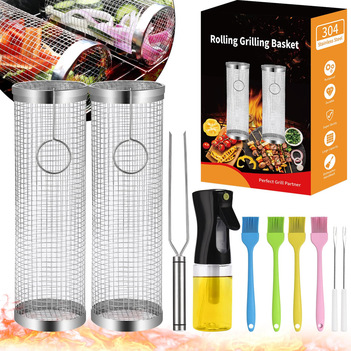 YMXHK rolling grill baskets full view show the two-piece set for versatile outdoor grilling
