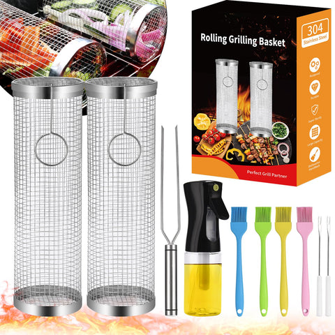 YMXHK rolling grill baskets full view show the two-piece set for versatile outdoor grilling