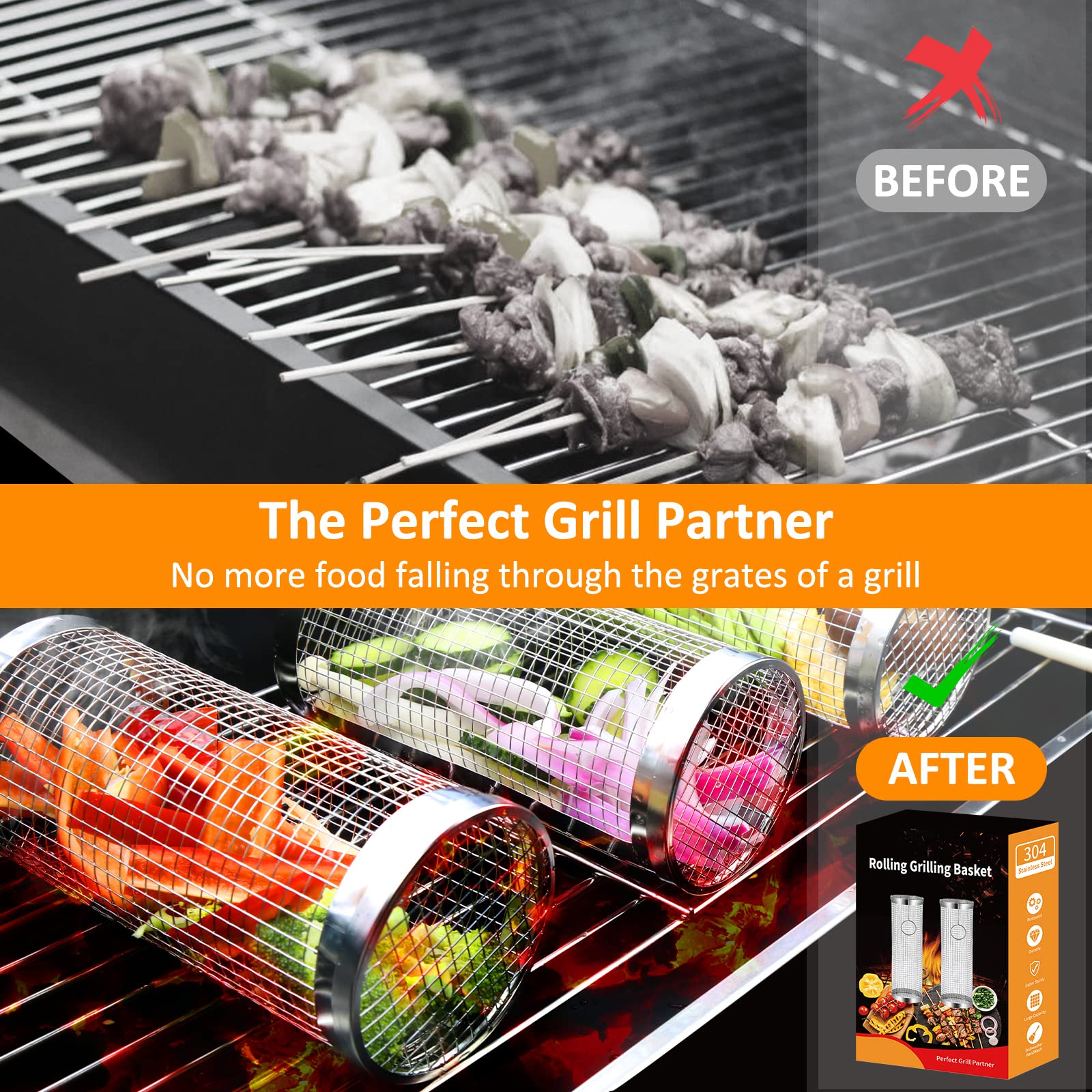 YMXHK rolling grill baskets lid shown highlighting secure lid for contained cooking
