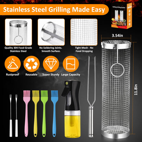 YMXHK rolling grill baskets stainless-steel body emphasizes rust resistance and durability