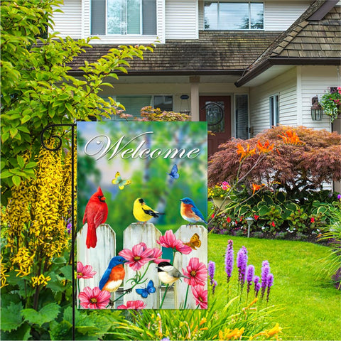 YMYIELD bright floral butterfly garden flag in polyester burlap for lively yard decor.