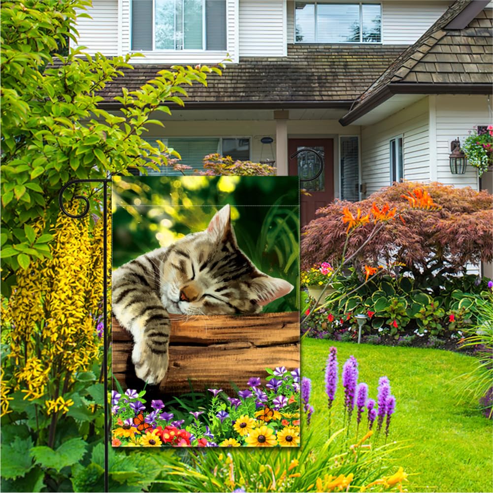 YMYIELD Sleeping Cat Garden Flag back view with consistent readability from both sides.