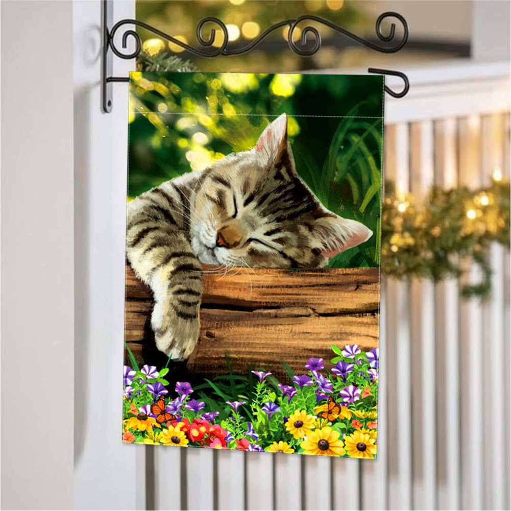 YMYIELD Sleeping Cat Garden Flag bright colors with dye-sublimation for long-lasting vibrancy.