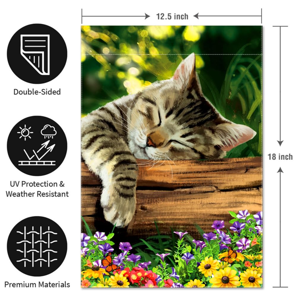 YMYIELD Sleeping Cat Garden Flag durable polyester burlap resists fading in all seasons.