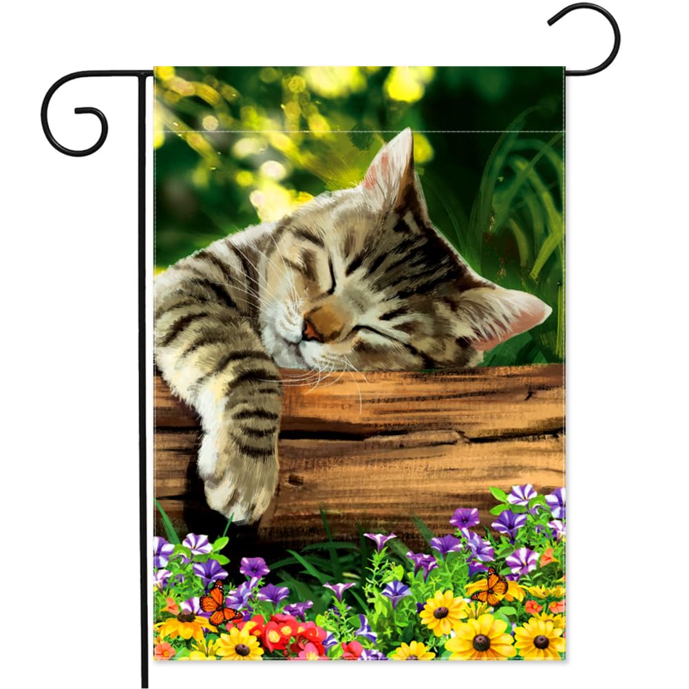 YMYIELD Sleeping Cat Garden Flag front view shows vibrant colors for curb appeal.