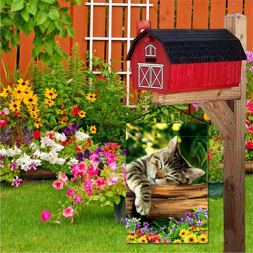 YMYIELD Sleeping Cat Garden Flag ideal for decks yards porches and gardens.