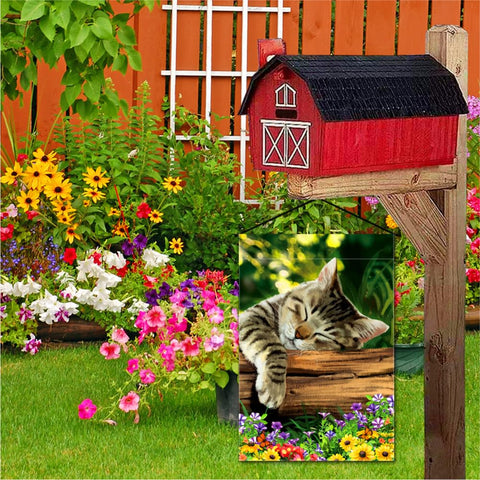 YMYIELD Sleeping Cat Garden Flag ideal for decks yards porches and gardens.