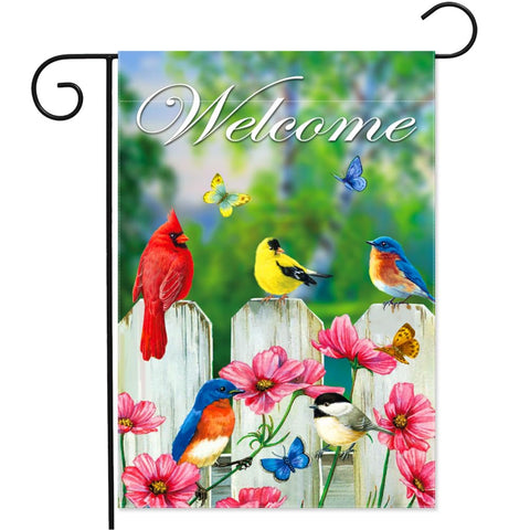 YMYIELD Welcome Friends bird garden flag, double-sided for clear viewing from any angle.