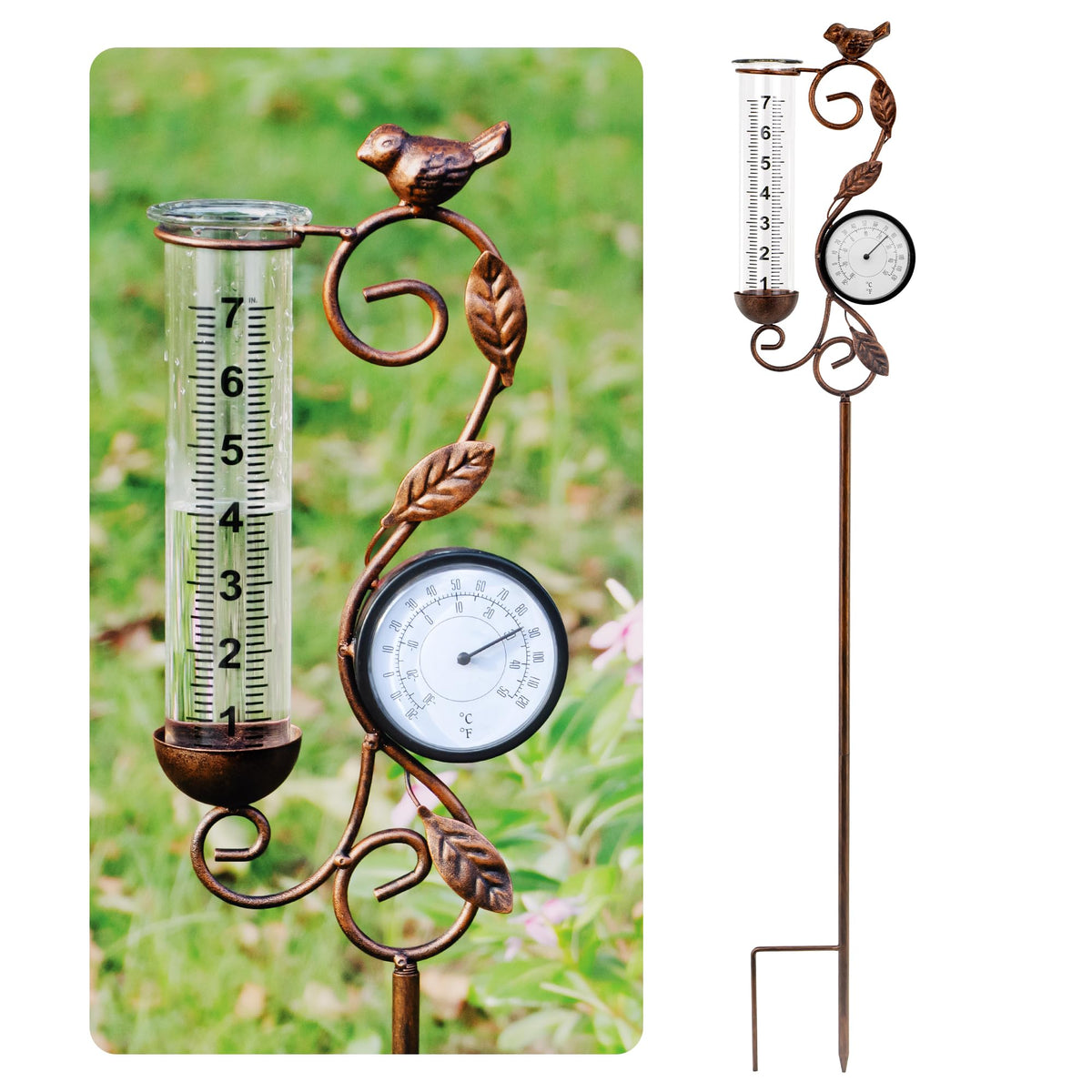 YNGFIL rain gauge with bird design provides clear rainfall readings for garden planning.