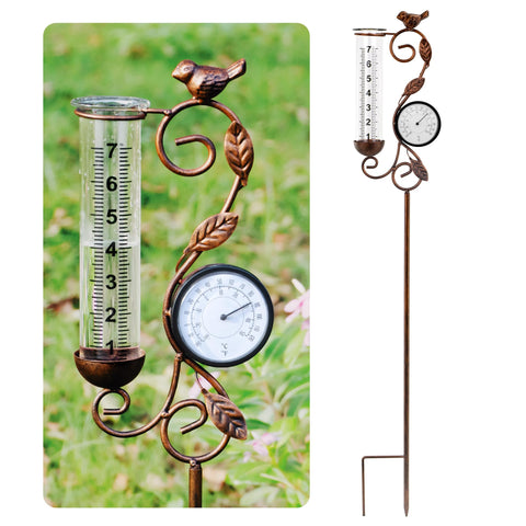 YNGFIL rain gauge with bird design provides clear rainfall readings for garden planning.