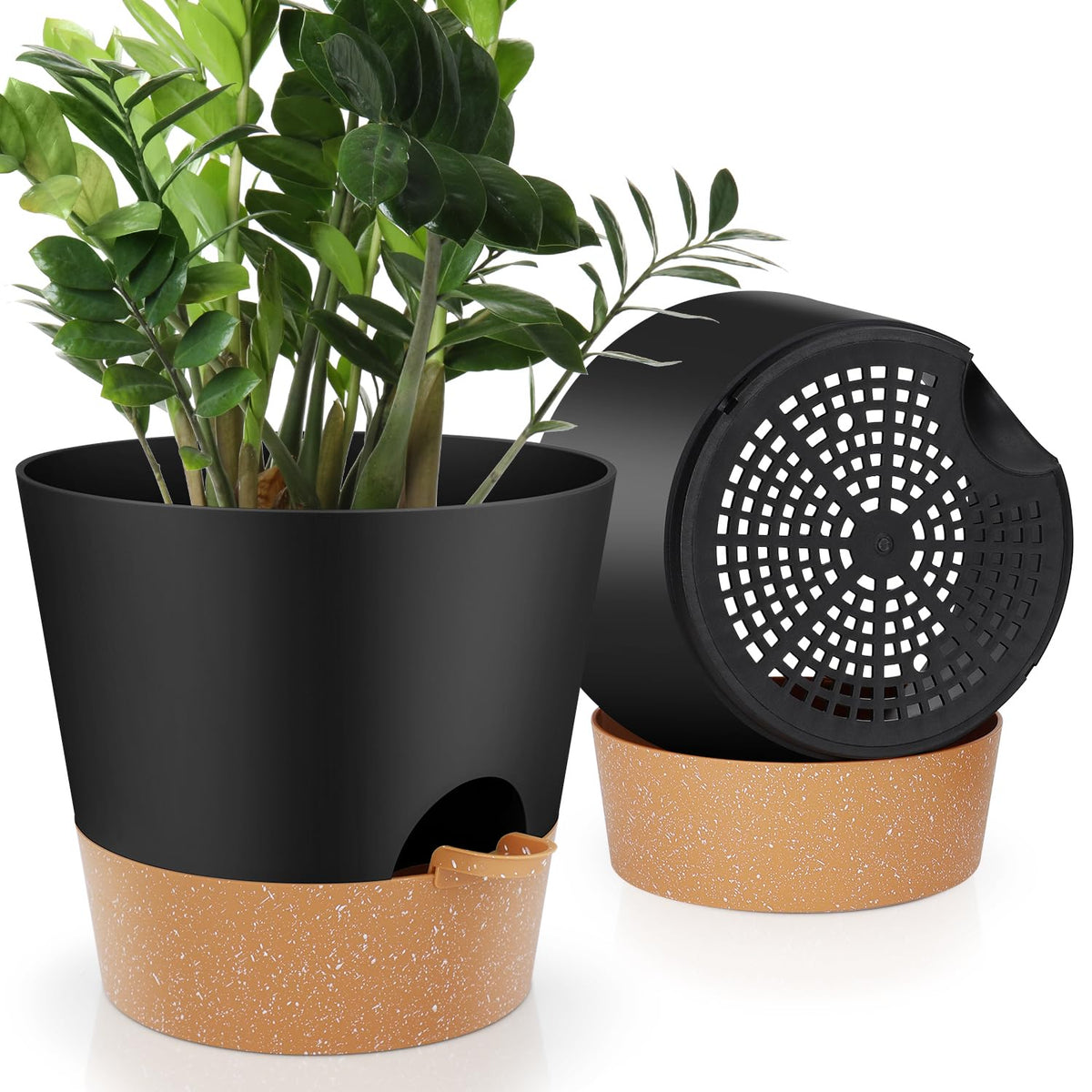 YNNICO 10-inch self-watering plant pot with reservoir for easy hydration.