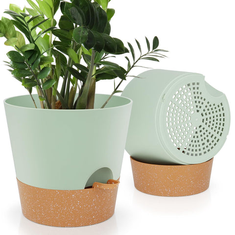 YNNICO 10-inch self-watering pot with saucer maintains hydration for days.