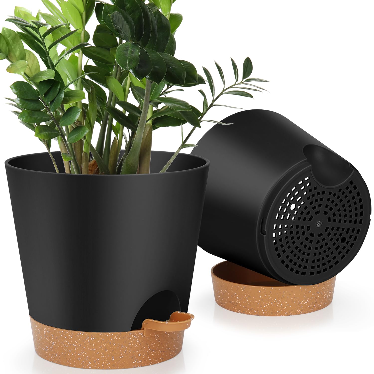 YNNICO 8-Inch self-watering pot in black with a modern silhouette for easy indoor gardening