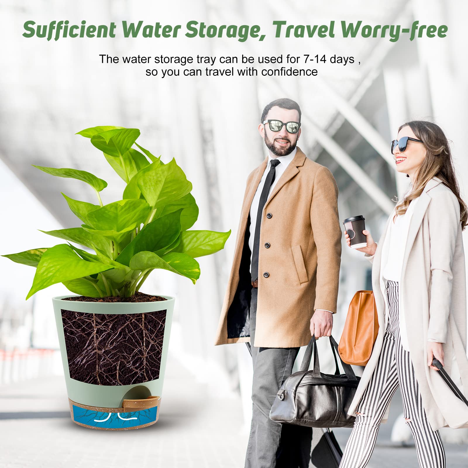 YNNICO 5-inch green self-watering planter with reservoir