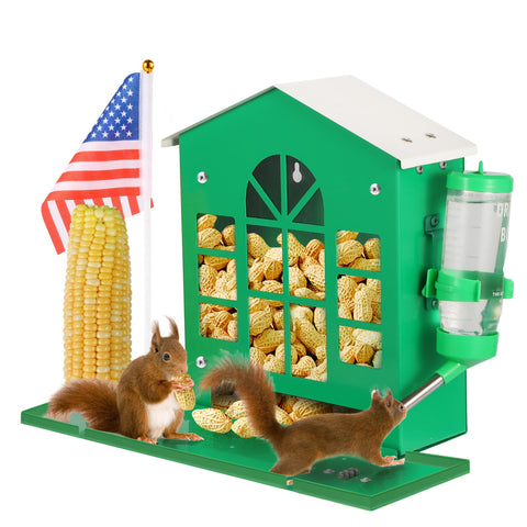 YOBTEOY metal squirrel feeder mounted on a tree for durable outdoor feeding.