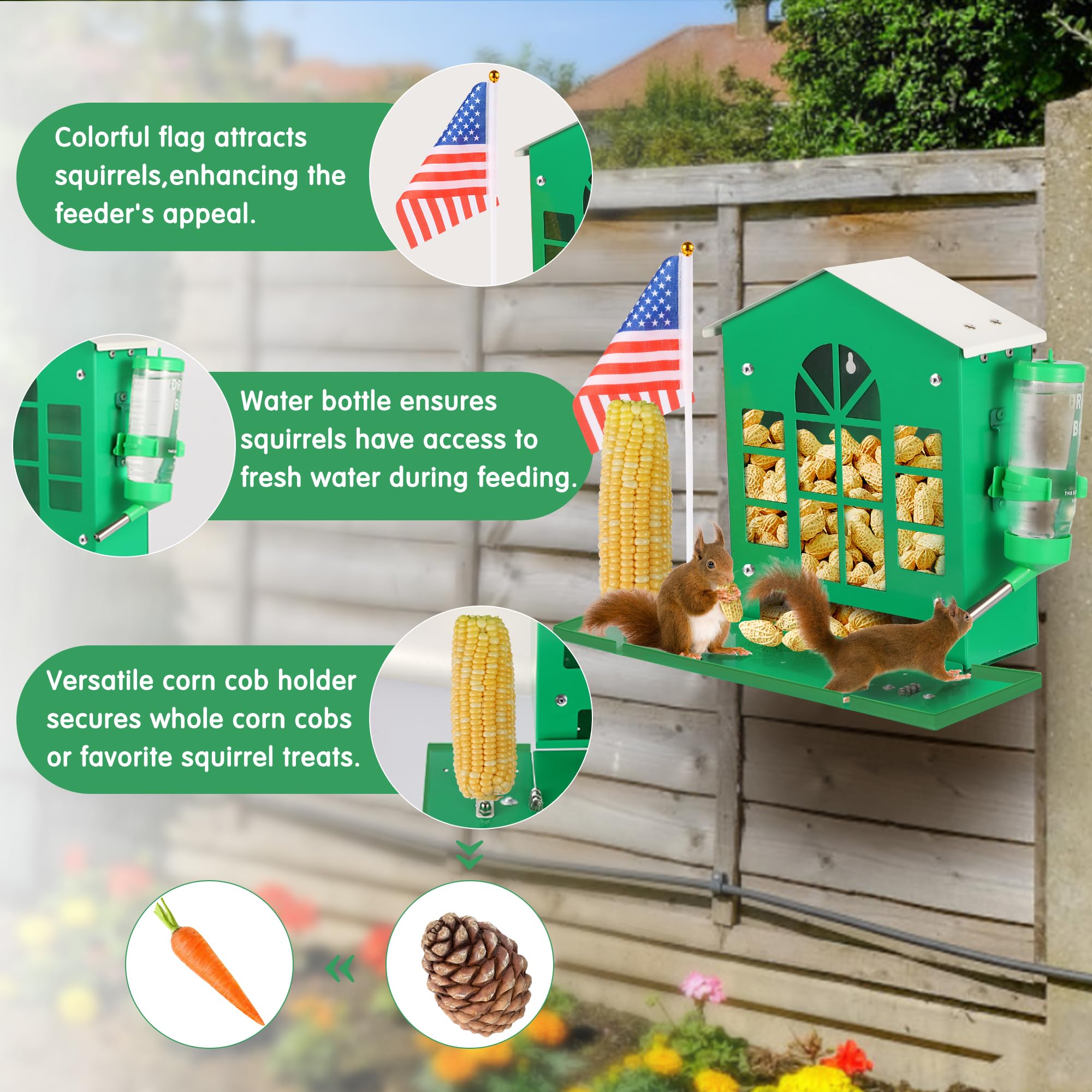 YOBTEOY feeder with flag adds a charming outdoor accent.
