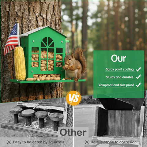 YOBTEOY squirrel feeder with water bottle provides fresh hydration for visitors.