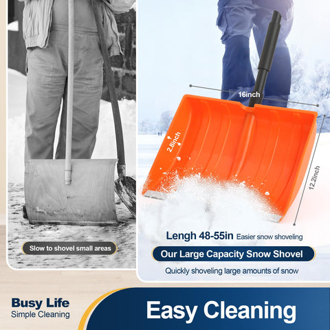 Yocada snow shovel includes aluminum wear strips to reduce effort on hard-packed snow.