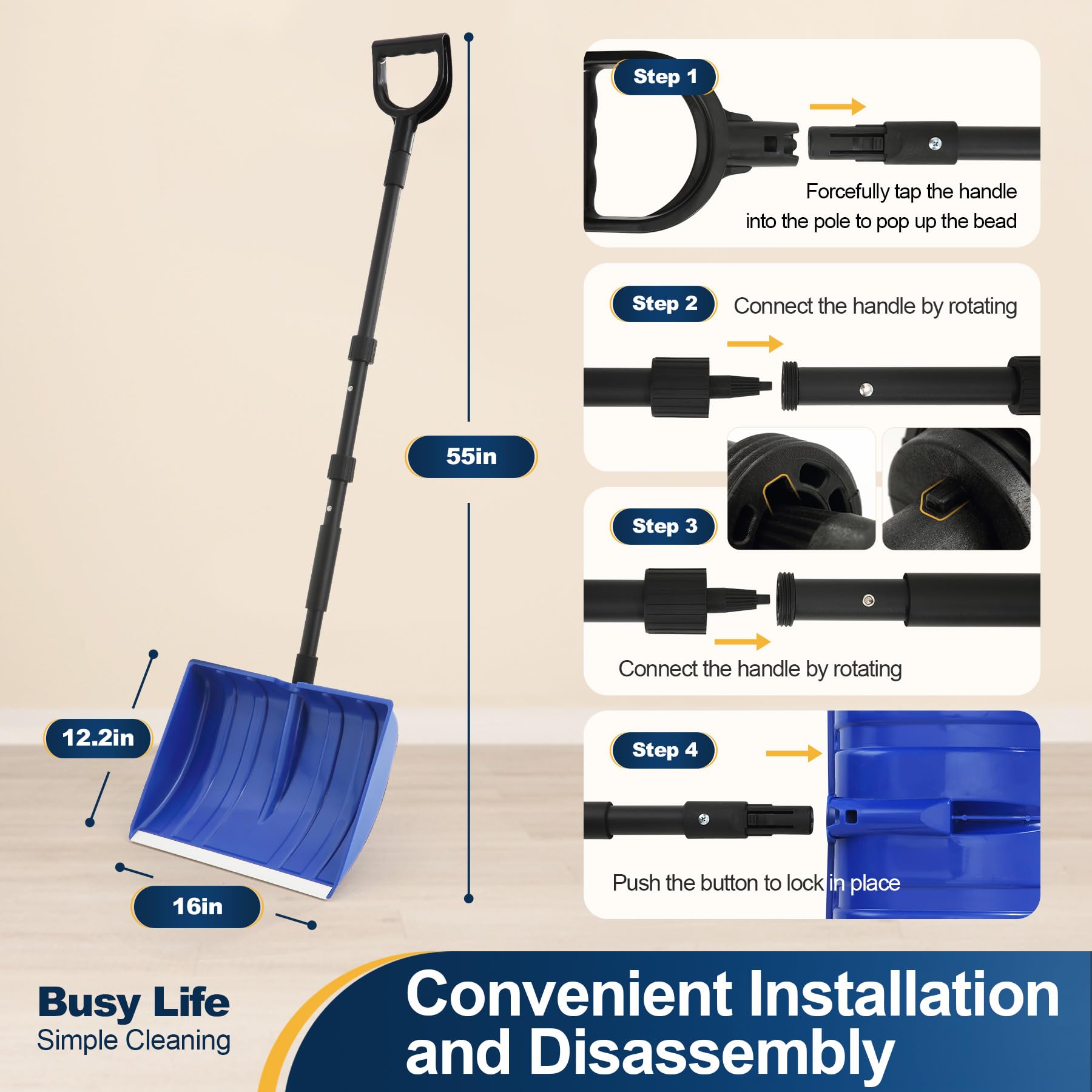 Yocada snow shovel with D-grip handle for comfortable, ergonomic snow removal
