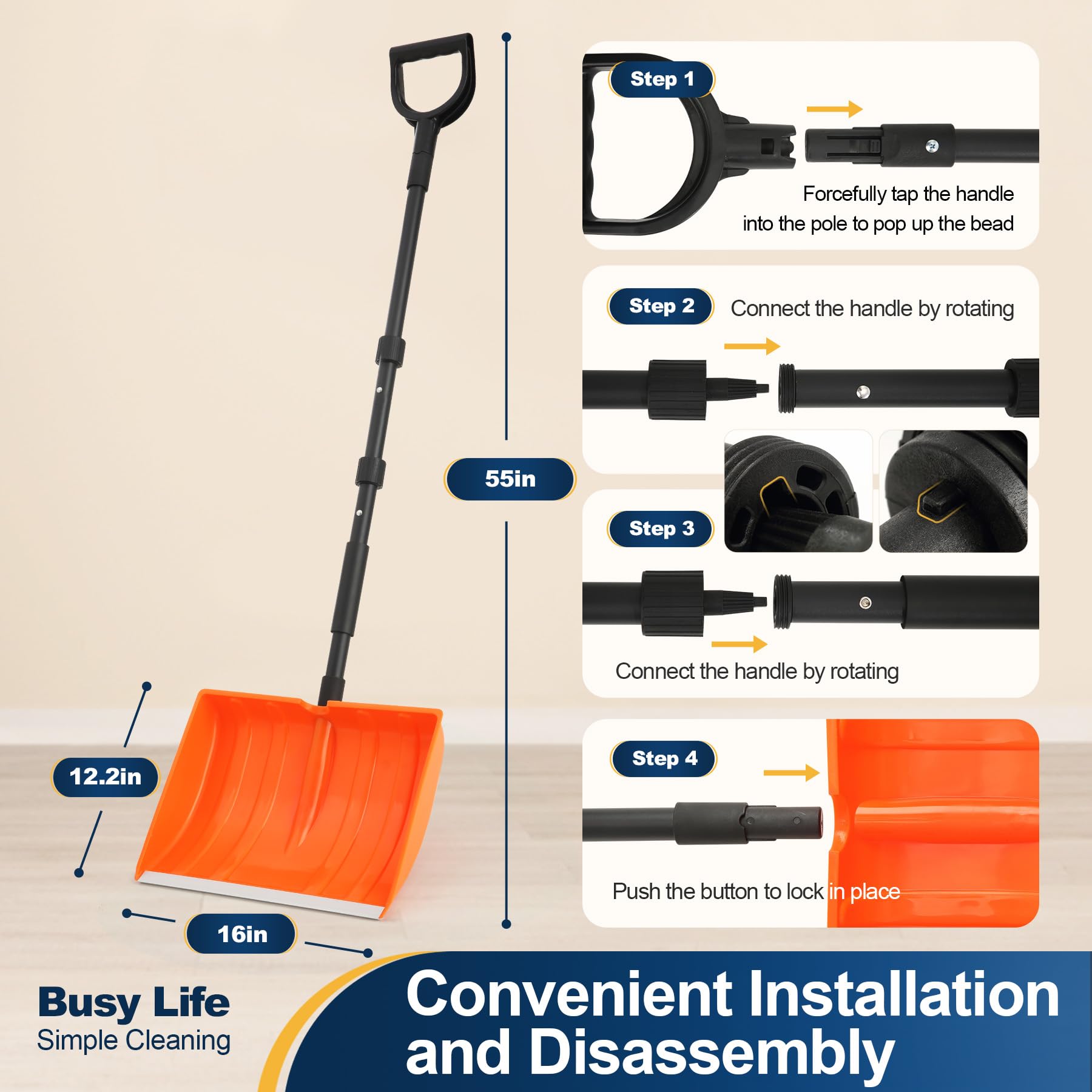 Yocada snow shovel D-grip handle for comfortable, prolonged use.