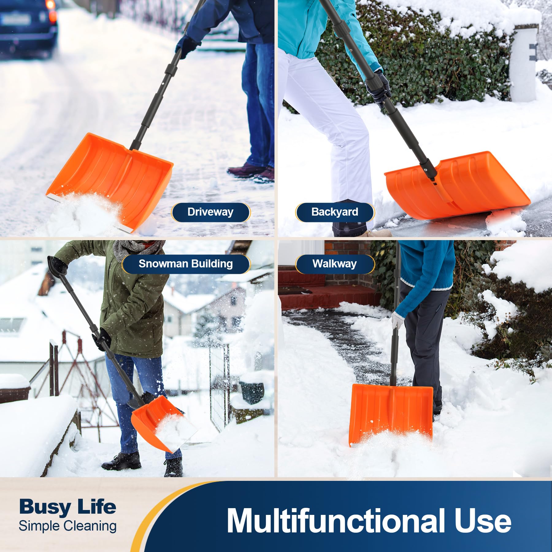 Yocada snow shovel orange large capacity design speeds cleanup.