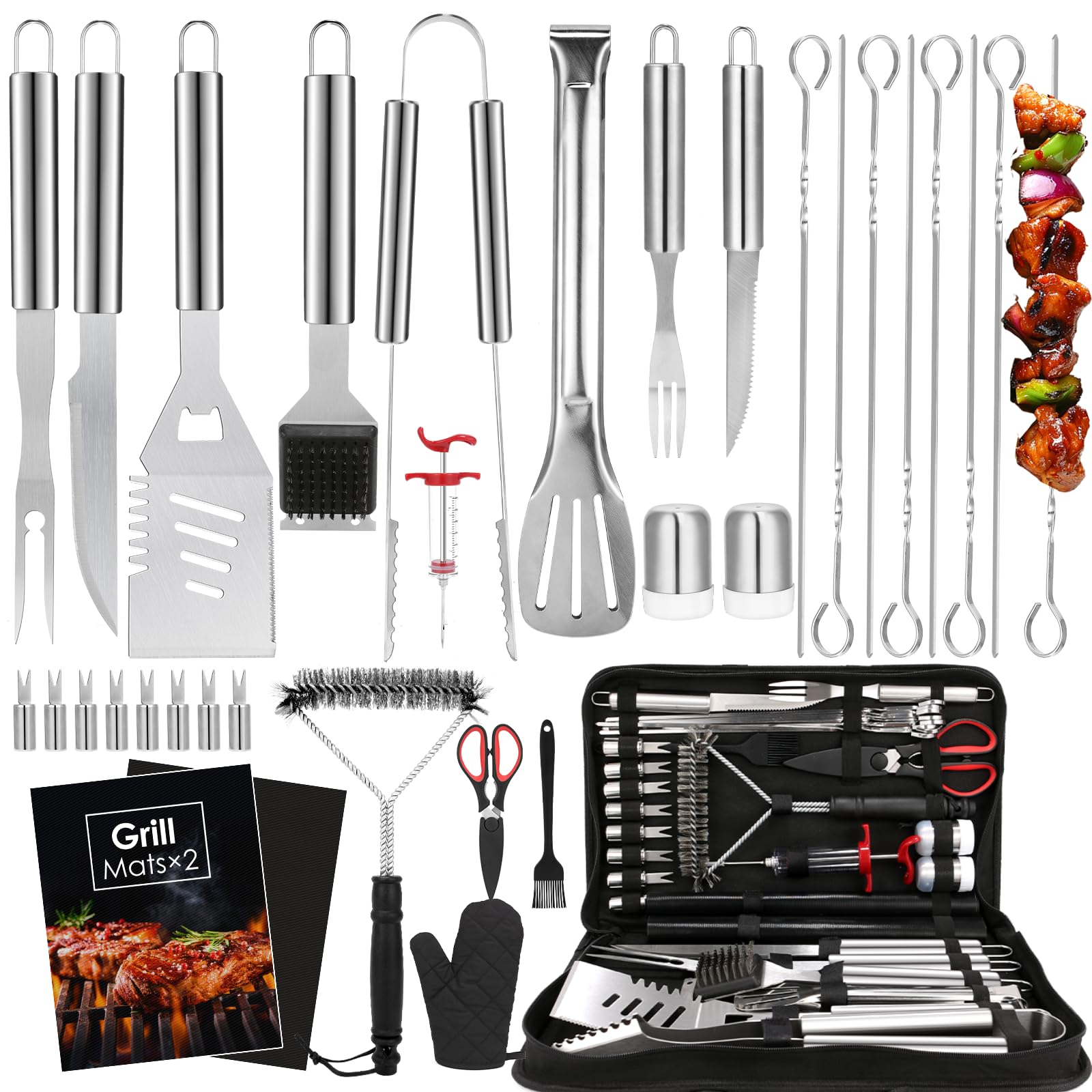 Yoehka 34Pcs grill set laid out, ready for backyard barbecue with comprehensive tools.