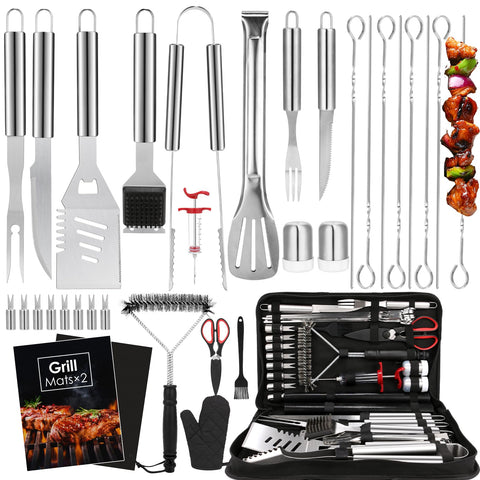 Yoehka 34Pcs grill set laid out, ready for backyard barbecue with comprehensive tools.