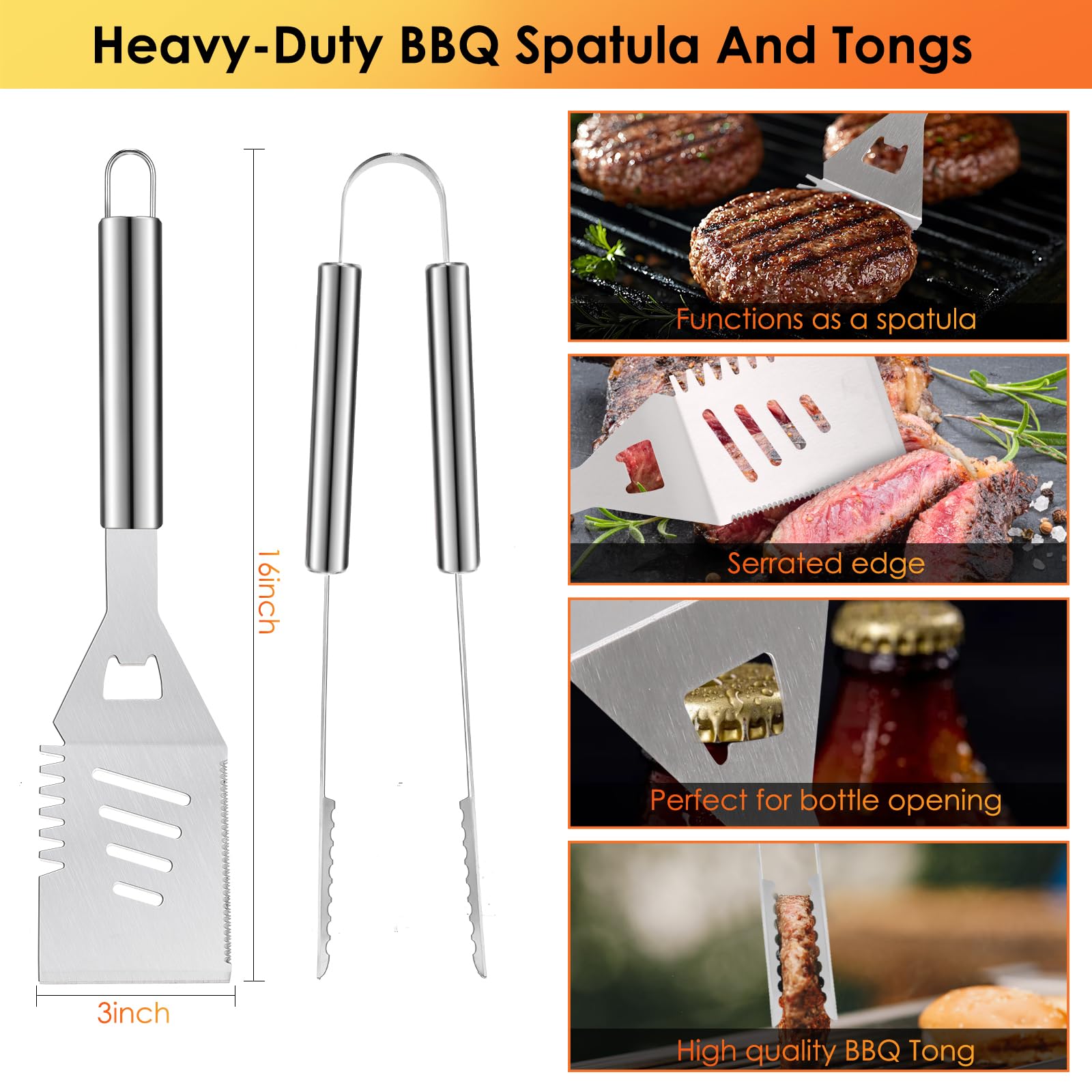 Close-up of Yoehka tongs and spatula showing sturdy, long heat-resistant handles.