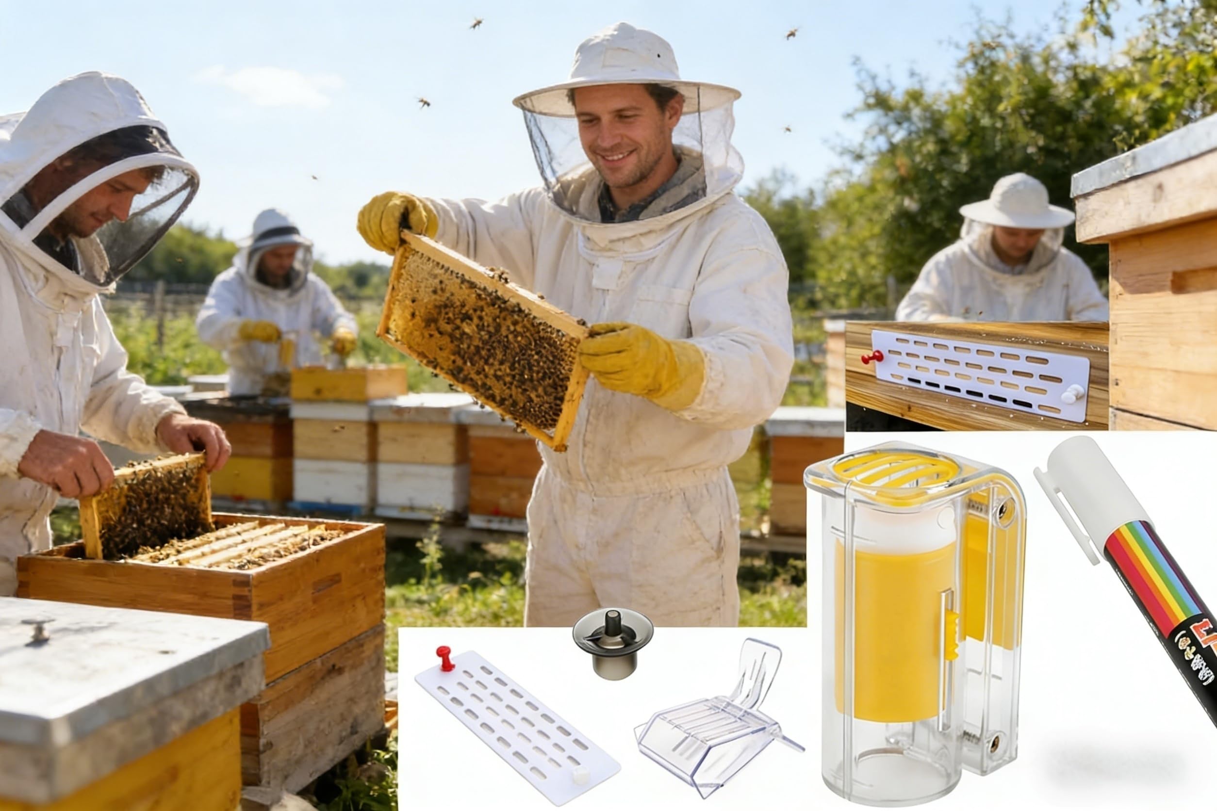 YOFAN queen bee marker demonstrating grid door and sponge-tipped plunger