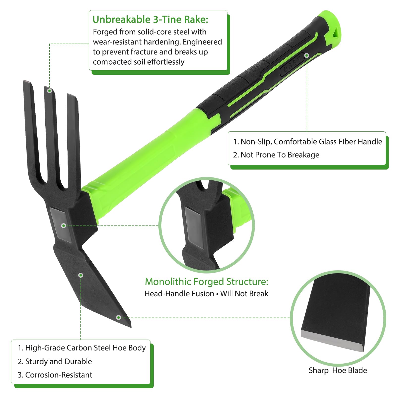 YoFeW carbon steel hoe head delivers durable performance in tough soil.