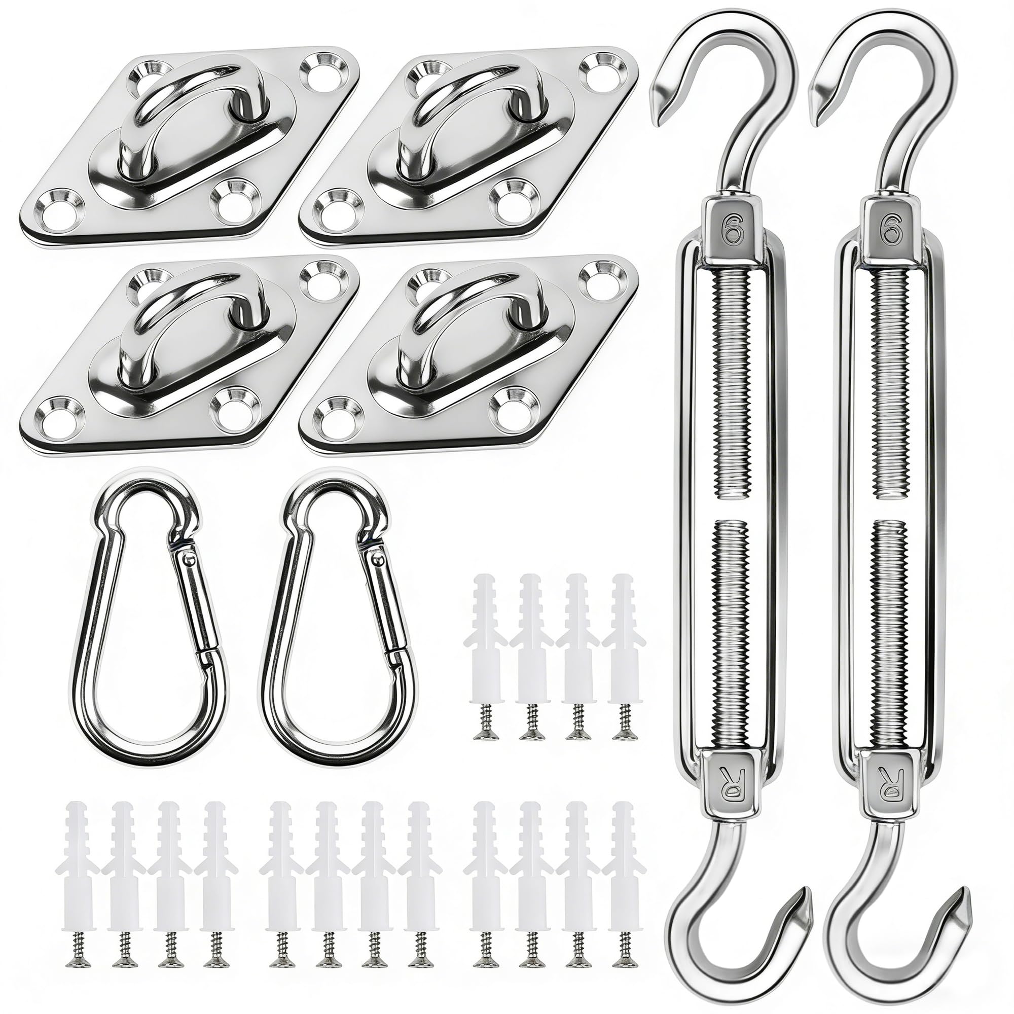 YOFIT shade sail hardware kit packaging showing all components for easy outdoor installation.