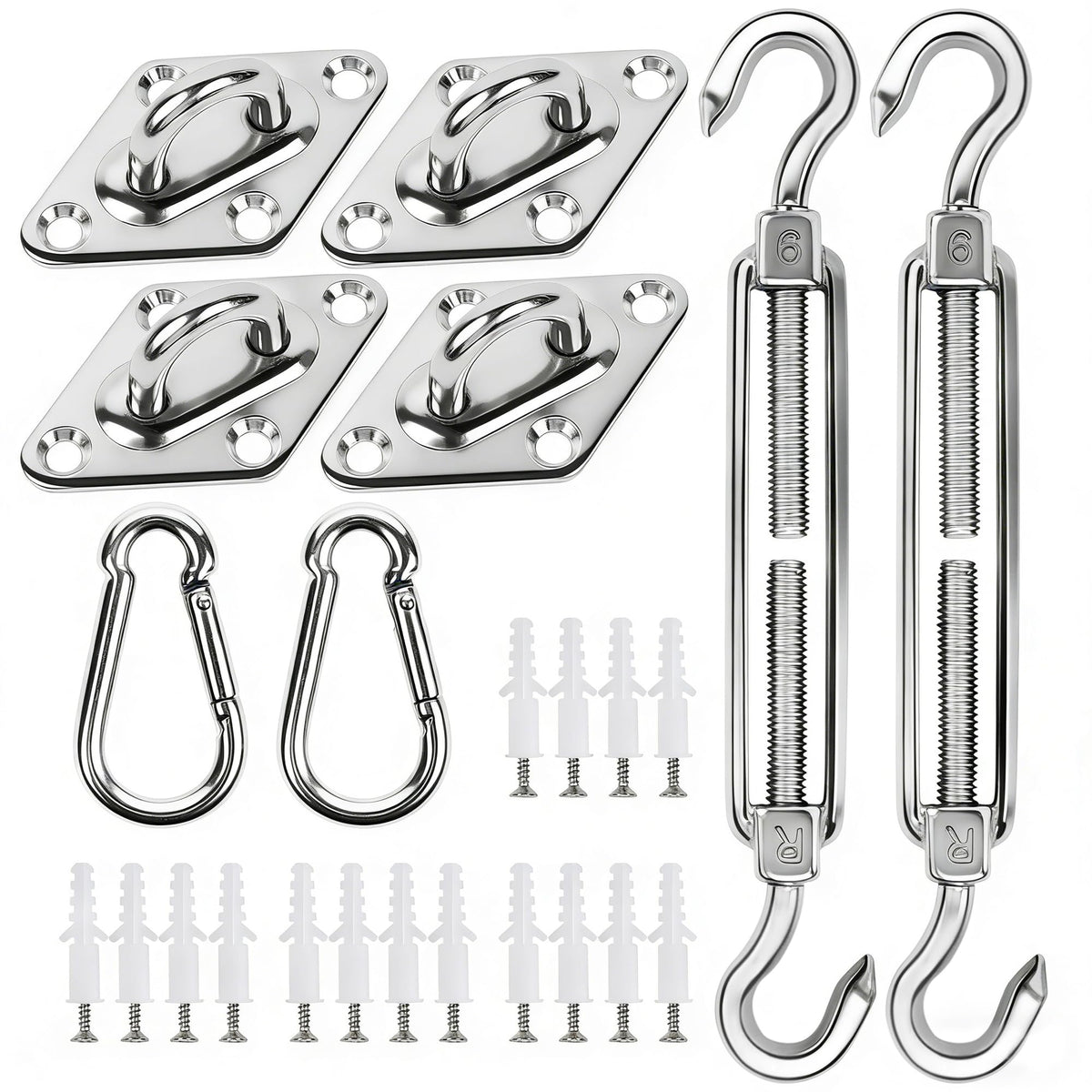 YOFIT shade sail hardware kit packaging showing all components for easy outdoor installation.