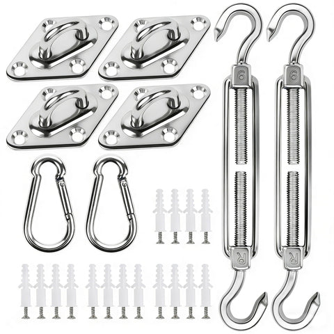 YOFIT shade sail hardware kit packaging showing all components for easy outdoor installation.