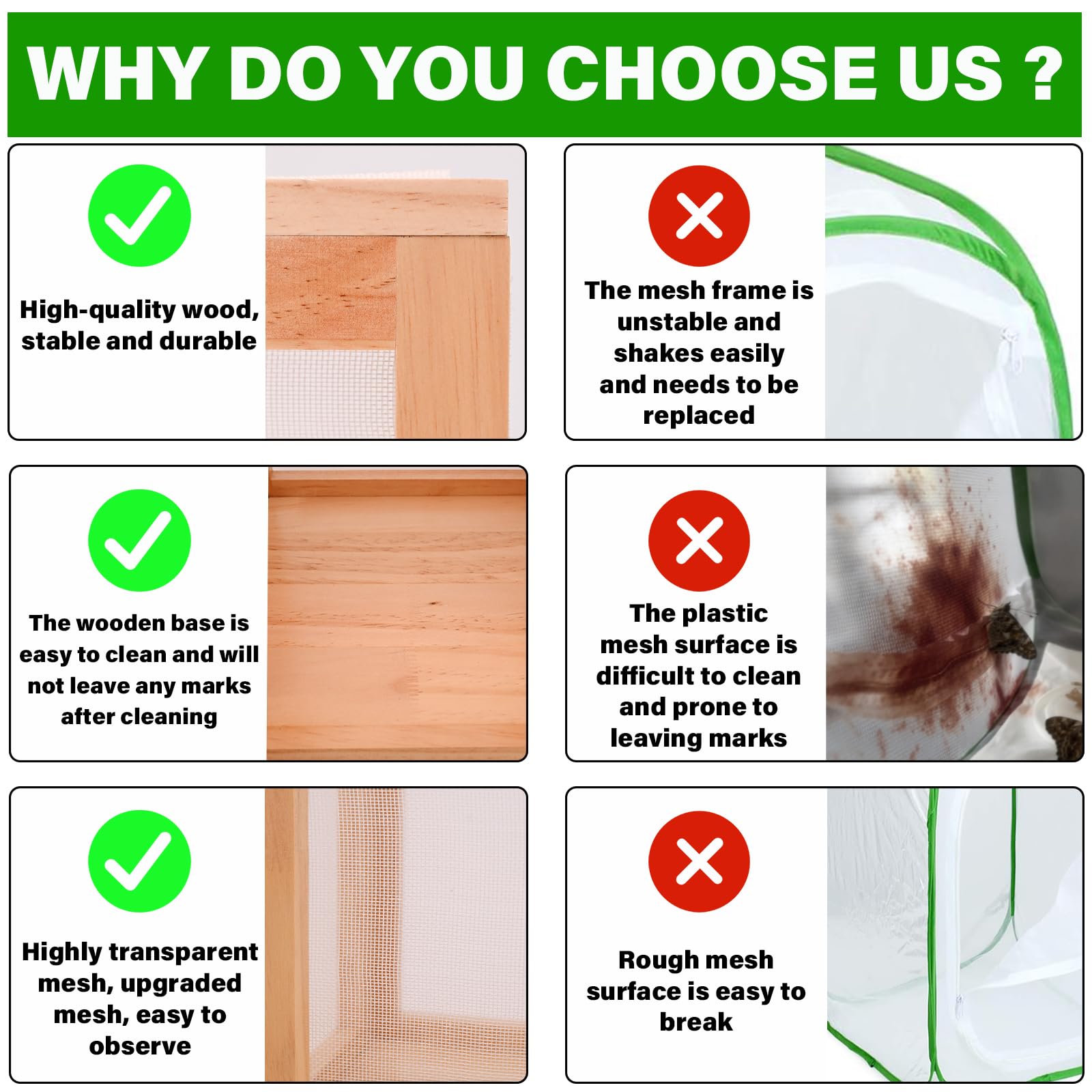 Yohsnor wooden frame and mesh enclosure provides breathable, secure larva environment
